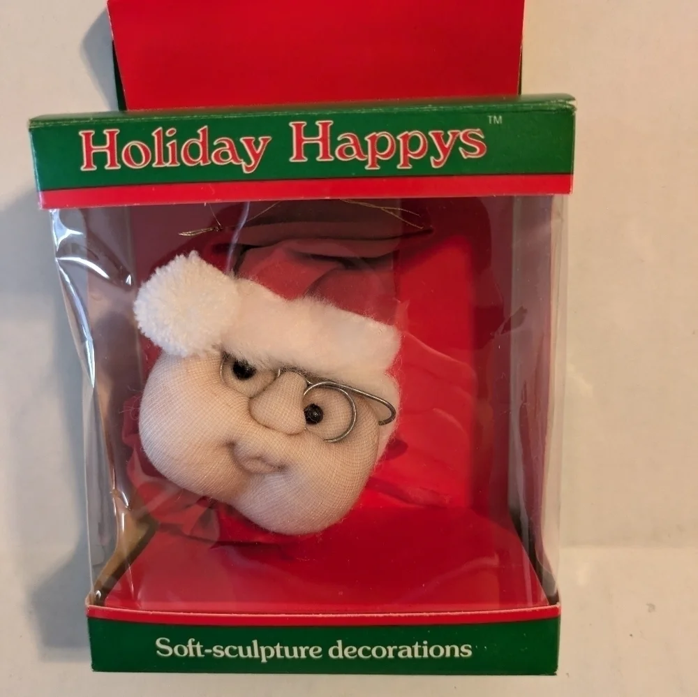 Vintage Pantyhose Face Santa with no beard ornament, new in box. 1984